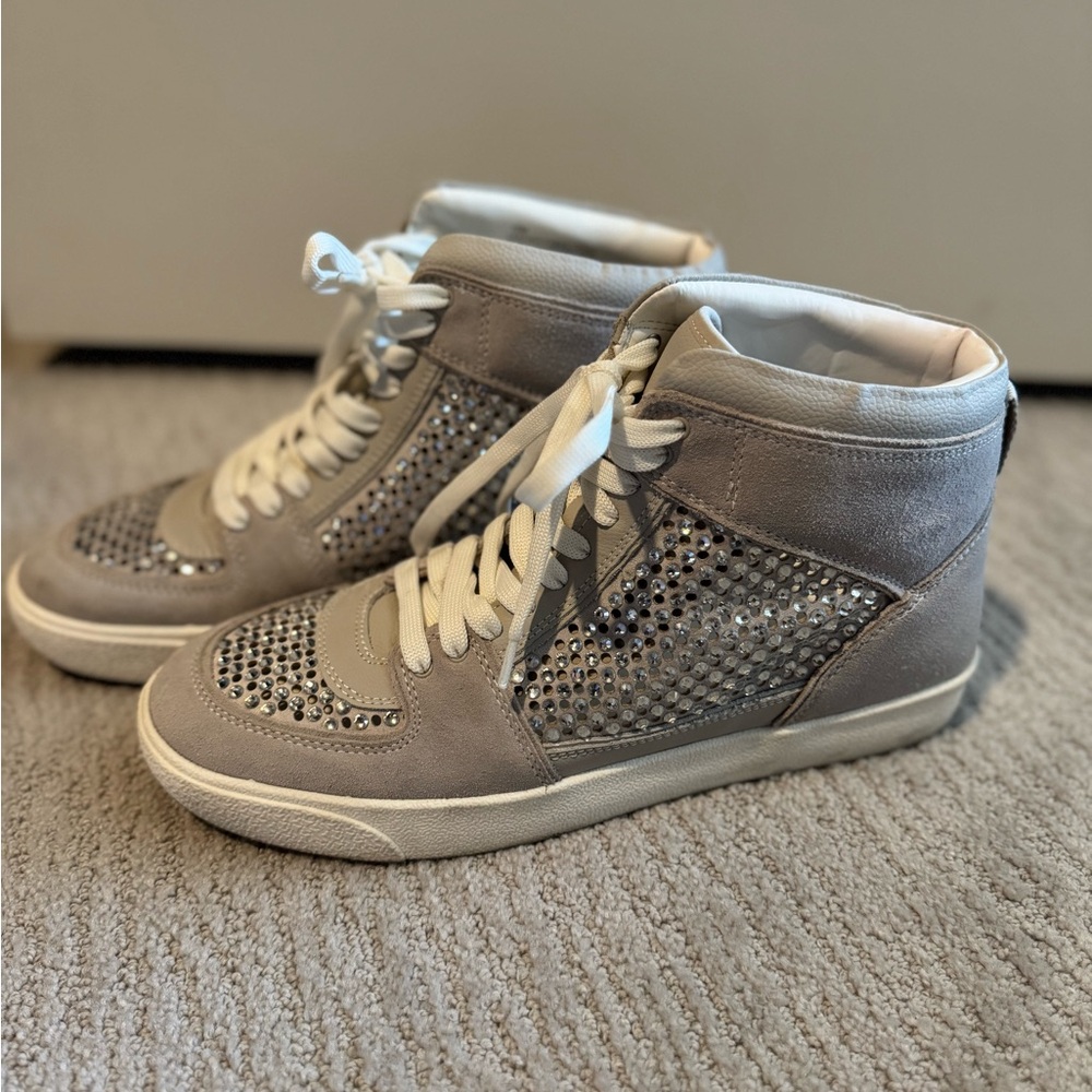 Leather Gray Studded High-Top Sneakers, bedazzled